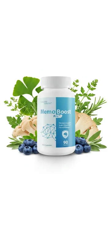 Memo Boost Pro memory support capsule bottle surrounded by ginkgo leaves, lion's mane mushrooms, blueberries and rosemary