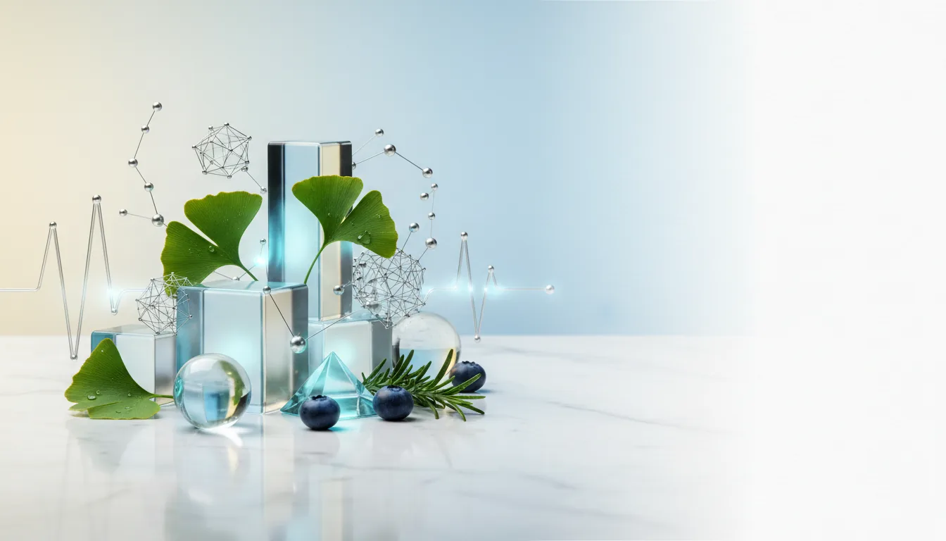 Ginkgo leaves, blueberries and rosemary beside a neural network illustration for Memo Boost Pro