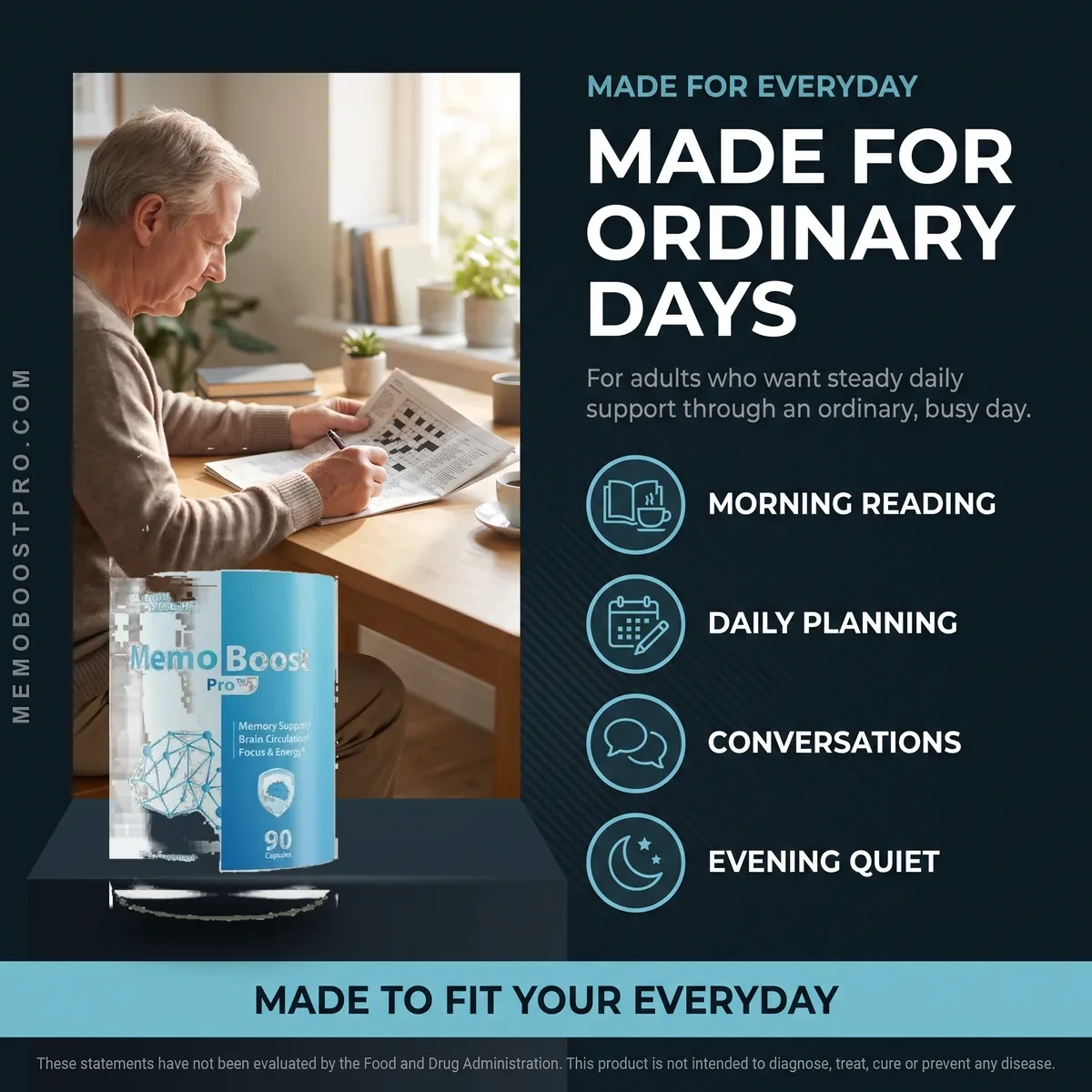 Who Memo Boost Pro is for: adults who want daily support for reading, planning, conversation and evening quiet