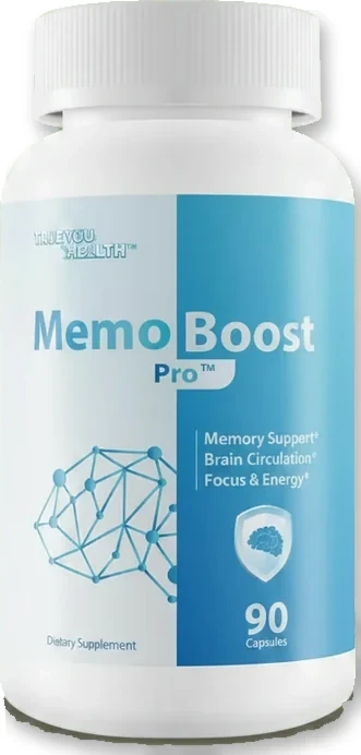 Memo Boost Pro bottle label showing memory support, brain circulation and focus and energy