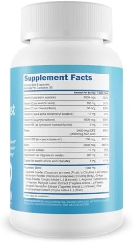 Memo Boost Pro Supplement Facts panel listing the vitamins, minerals and proprietary blend per 3-capsule serving
